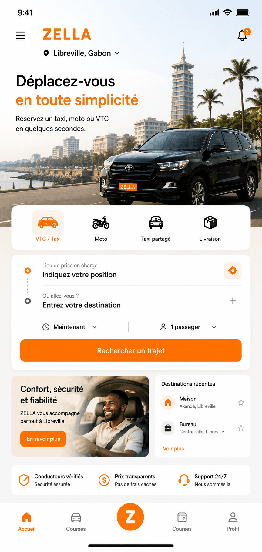 Aperçu de l'app ZELLA : réserver une course, moto, taxi partagé ou livraison