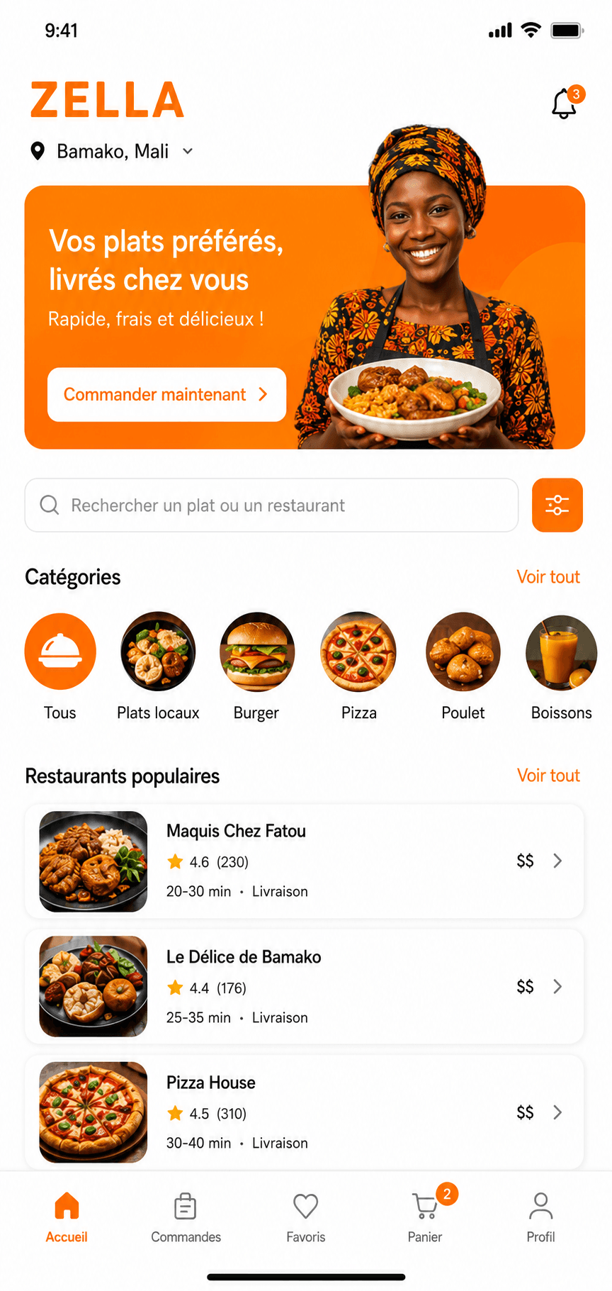 Aperçu de l'app ZELLA Food : commander un plat et suivre sa livraison